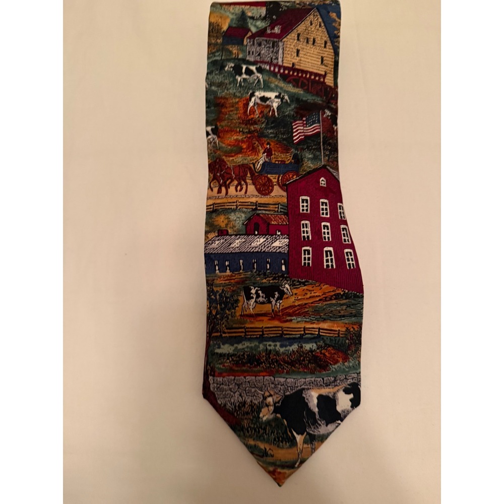 Windsor Americana Series Country Farm Scene 1896 Cow Barn Horse Silk Tie Mens